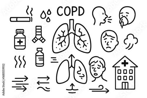 COPD Doodle Icons. Hand-drawn doodle illustration COPD lungs, cigarette, mucus icon, cough, wheeze, oxygen mask, cracked lungs,