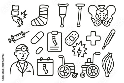 Coccyx Injury Doodle Icons. Hand-drawn doodle illustration coccyx coccyx fracture broken coccyx, cast, crutch, pelvis, syringe,