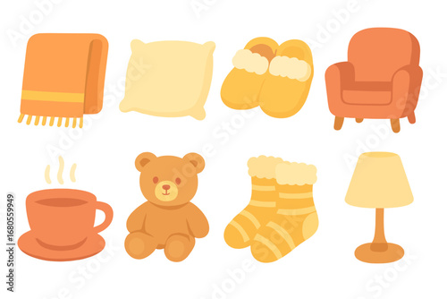 Cozy Children's Icons. Flat vector mini-illustrations comfort in colors children's illustrations: cozy blanket, soft pillow, warm