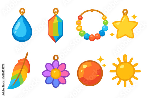 Colorful Amulet Grid. Flat vector mini-illustrations colorful amulets in colors children's illustrations: bright gem pendant,