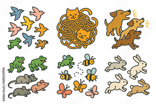 Colorful Animal Icons. Flat vector mini-illustrations chaotic animals in colors children's illustrations: scattered flock of birds