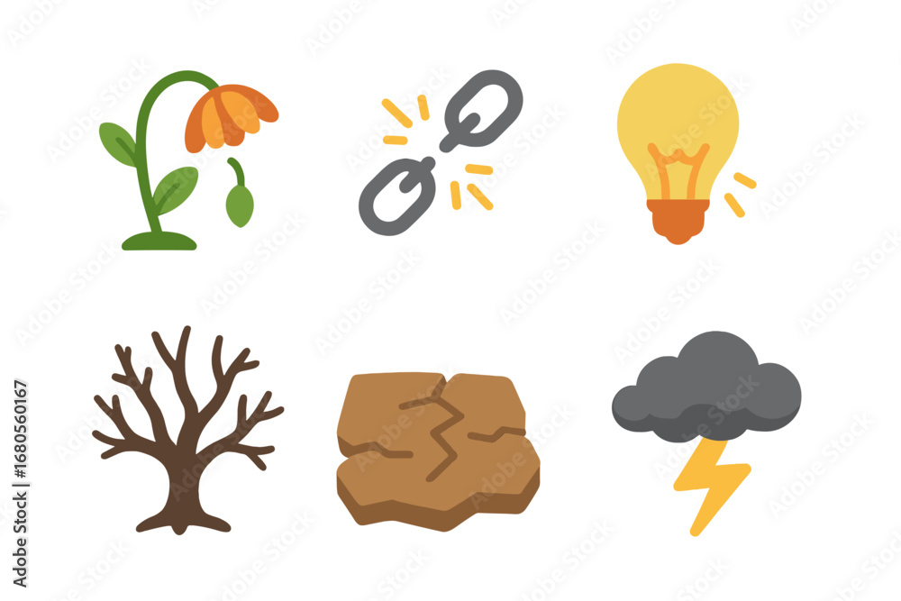 Naklejka premium Cursed Effects Icons. Flat vector mini-illustrations curse effects in colors children's illustrations: wilting flower, broken