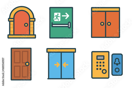 Colorful Building Entrances. Flat vector mini-illustrations building entrances in colors children's illustrations: main entrance,