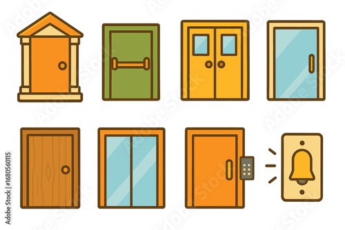 Colorful Building Entrances. Flat vector mini-illustrations building entrances in colors children's illustrations: main entrance,