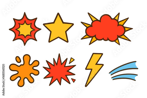 Colorful Cartoon Explosions. Flat vector mini-illustrations cartoon strike effects in colors children's illustrations: POW burst,