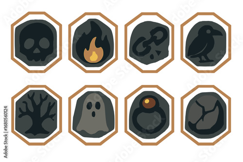 Dark Magic Icons. Flat vector mini-illustrations dark hex in colors children's illustrations: shadowy skull, dark flame, broken