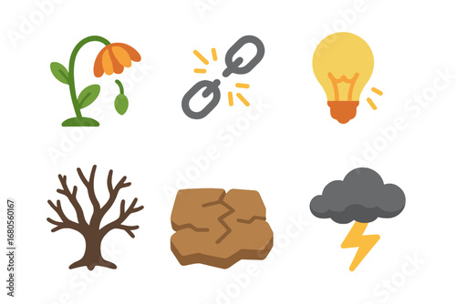 Cursed Effects Icons. Flat vector mini-illustrations curse effects in colors children's illustrations: wilting flower, broken