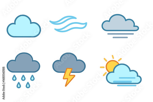 Colorful Cloud Icons. Flat vector mini-illustrations clouds in colors children's illustrations: cumulus cloud, cirrus cloud, storm