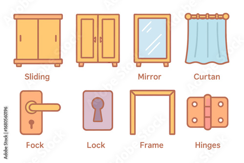 Colorful Closet Doors. Flat vector mini-illustrations closet doors in colors children's illustrations: sliding door, hinged door,
