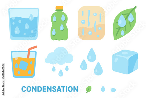 Colorful Condensation Icons. Flat vector mini-illustrations condensation drops in colors children's illustrations: cold glass with