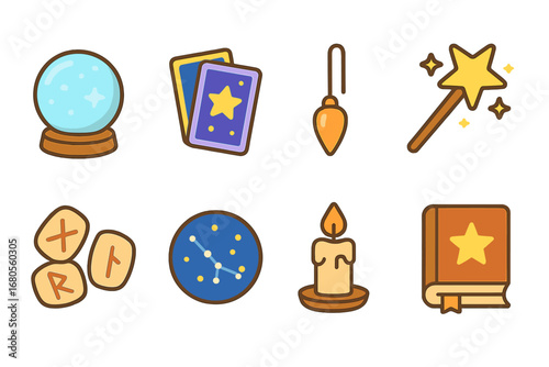 Destiny Tools for Children. Flat vector mini-illustrations fate and destiny tools in colors children's illustrations: crystal ball