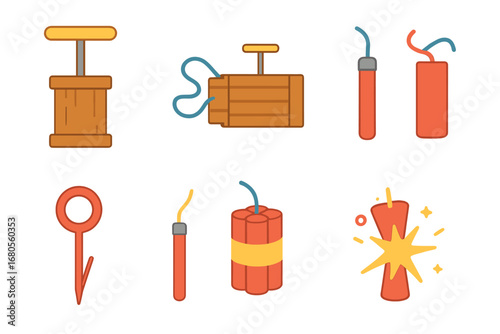Colorful Detonator Icons. Flat vector mini-illustrations traditional detonators in colors children's illustrations: plunger handle