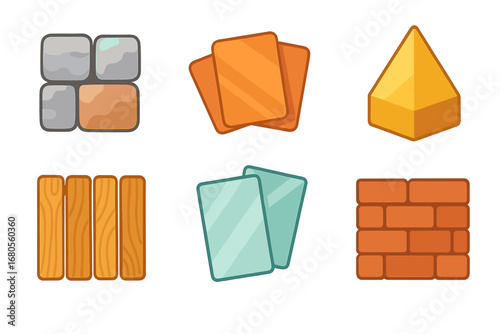 Colorful Construction Materials Icons. Flat vector mini-illustrations spire materials in colors children's illustrations: stone