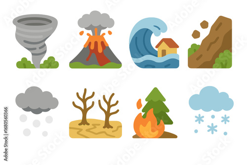 Colorful Disaster Icons. Flat vector mini-illustrations natural disasters in colors children's illustrations: tornado, volcanic