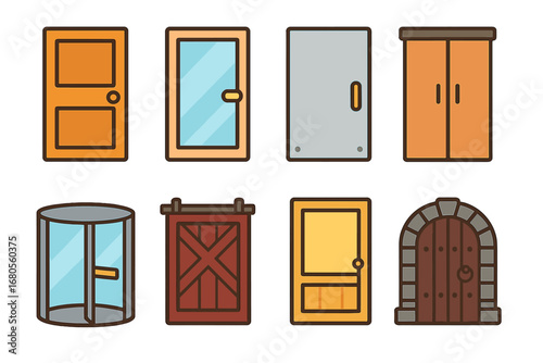 Colorful Door Icons. Flat vector mini-illustrations door types in colors children's illustrations: wooden door, glass door, metal