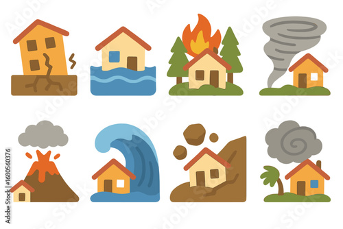 Disaster Icons Grid. Flat vector mini-illustrations disaster types in colors children's illustrations: earthquake, flood, wildfire