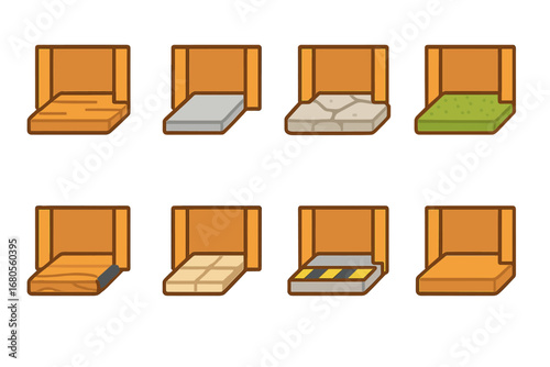 Colorful Doorstep Icons. Flat vector mini-illustrations home thresholds in colors children's illustrations: wooden threshold,