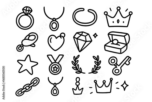Doodle Jewelry Icons. Hand-drawn doodle illustration platinum jewelry ring, necklace, bracelet, earrings, crown, clasp, gemstone,