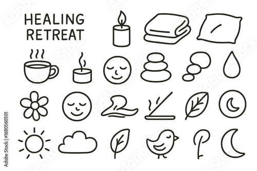 Doodle Symbol Collection. Hand-drawn doodle illustration healing retreat herbal tea, candle, open book, massage stones, flower,