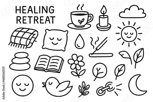 Doodle Illustrations Collection. Hand-drawn doodle illustration healing retreat herbal tea, candle, open book, massage stones,