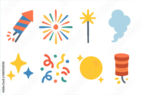Colorful Fireworks Icons. Flat vector mini-illustrations fireworks in colors children's illustrations: rocket firework, colorful