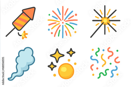 Colorful Fireworks Icons. Flat vector mini-illustrations fireworks in colors children's illustrations: rocket firework, colorful