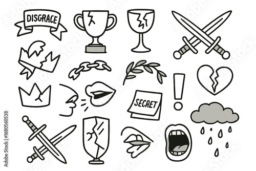 Doodle Symbolic Icons. Hand-drawn doodle illustration disgrace torn ribbon, broken trophy, shattered glass, crossed swords, fallen