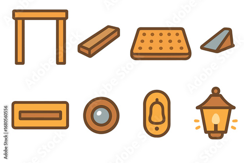 Colorful Doorway Icons. Flat vector mini-illustrations home entry details in colors children's illustrations: door frame,