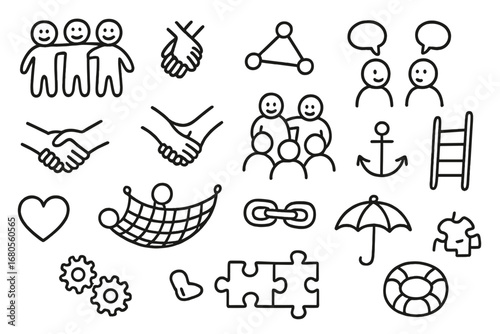 Doodle Teamwork & Comfort Icons. Hand-drawn doodle illustration social support teamwork figures, connected hands, network nodes,