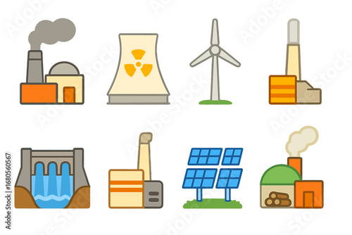 Colorful Energy Icons. Flat vector mini-illustrations power generation types in colors children's illustrations: coal plant,