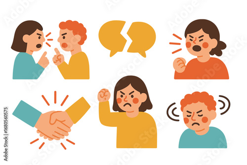 Colorful Emotion Icons. Flat vector mini-illustrations conflict and rage in colors children's illustrations: arguing people,