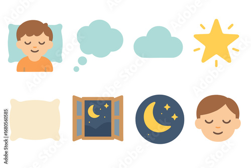 Dreamy Night Icons. Flat vector mini-illustrations failure and dreams in colors children's illustrations: sleeping child, dream