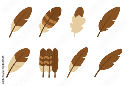 Eagle Feather Icons. Flat vector mini-illustrations eagle feathers in colors children's illustrations: primary feather, tail