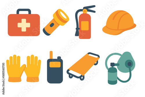 Emergency Equipment Icons. Flat vector mini-illustrations wreck and emergency equipment in colors children's illustrations: first