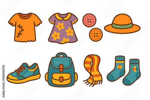 Colorful Kids' Fashion Icons. Flat vector mini-illustrations torn clothes and fashion in colors children's illustrations: colorful