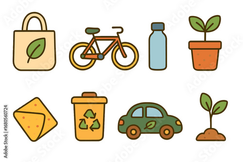 Eco-Friendly Kids Icons. Flat vector mini-illustrations eco-friendly lifestyle in colors children's illustrations: reusable bag,