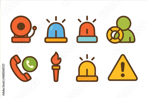 Emergency Icons Grid. Flat vector mini-illustrations emergency symbols in colors children's illustrations: fire alarm, police