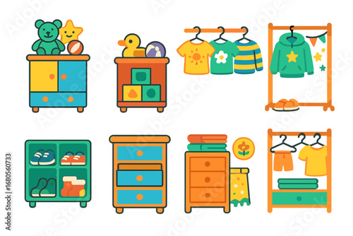Colorful Kids Wardrobe Icons. Flat vector mini-illustrations kids wardrobe in colors children's illustrations: colorful wardrobe,