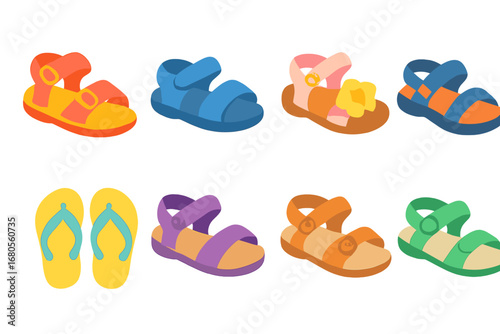 Colorful Kids Sandals. Flat vector mini-illustrations kids sandals in colors children's illustrations: colorful sandals, velcro