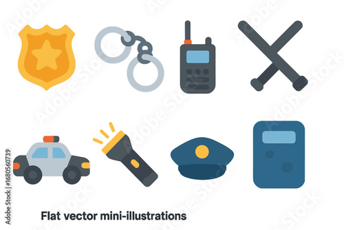 Colorful Law Icons. Flat vector mini-illustrations law enforcement tools in colors children's illustrations: badge, handcuffs,