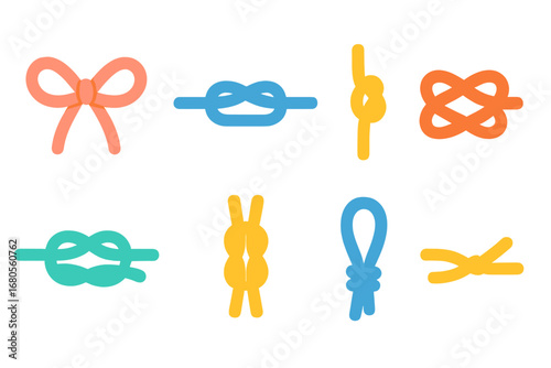 Colorful Knots Grid. Flat vector mini-illustrations tight knots in colors children's illustrations: bow knot, square knot, slip