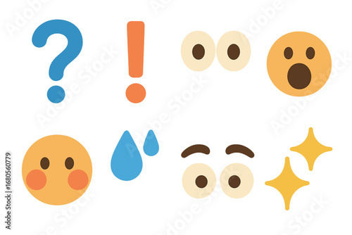 Emoji Expressions Grid. Flat vector mini-illustrations surprise emotions in colors children's illustrations: question mark,