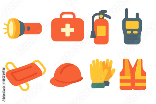 Emergency Tools for Kids. Flat vector mini-illustrations emergency response tools in colors children's illustrations: flashlight,