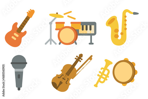 Colorful Musical Icons. Flat vector mini-illustrations musical instruments in colors children's illustrations: electric guitar,