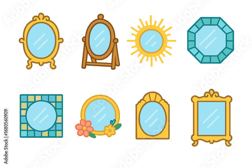 Colorful Mirror Icons. Flat vector mini-illustrations decorative mirrors in colors children's illustrations: ornate frame mirror,