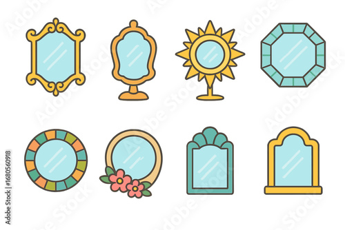 Colorful Mirror Icons. Flat vector mini-illustrations decorative mirrors in colors children's illustrations: ornate frame mirror,