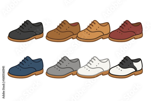 Colorful Oxford Shoes. Flat vector mini-illustrations oxford shoe colors in colors children's illustrations: black oxford, brown