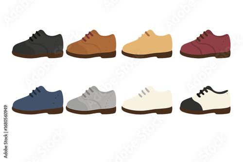 Colorful Oxford Shoes. Flat vector mini-illustrations oxford shoe colors in colors children's illustrations: black oxford, brown