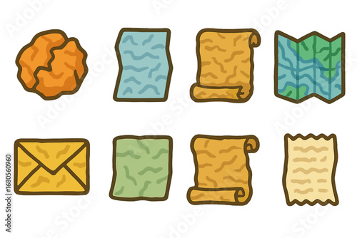 Colorful Paper Wrinkles. Flat vector mini-illustrations paper wrinkles in colors children's illustrations: crumpled paper ball,