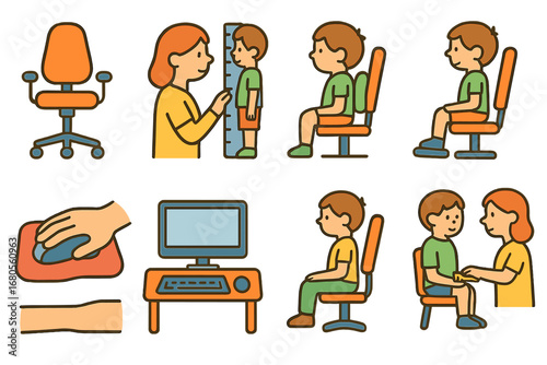 Ergonomic Setup Icons. Flat vector mini-illustrations ergonomic fit test in colors children's illustrations: ergonomic chair,